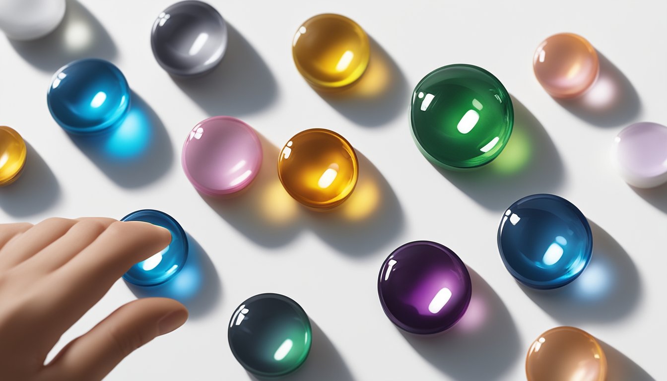 A hand holding various coloured contact lenses, displayed on a clean, white surface with natural lighting