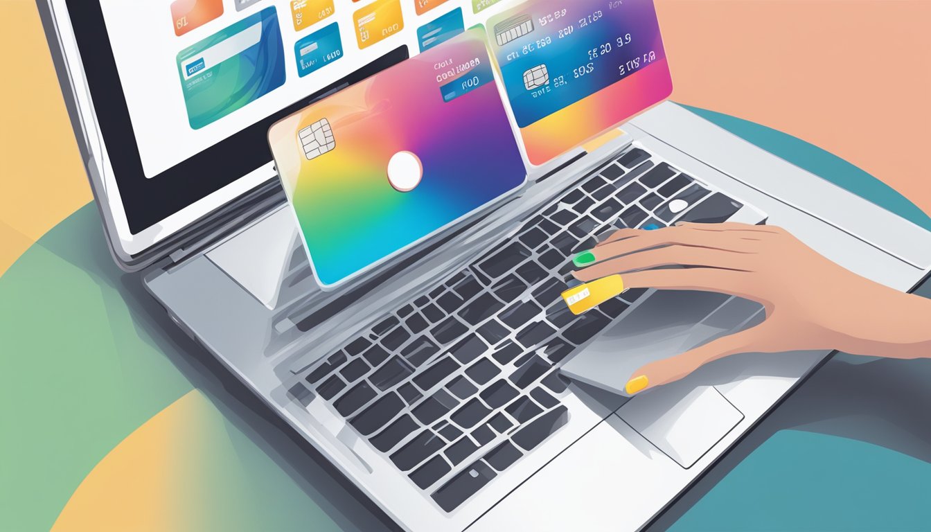 A hand reaches for a laptop, displaying a website selling coloured contact lenses. A credit card hovers above the screen, ready for payment