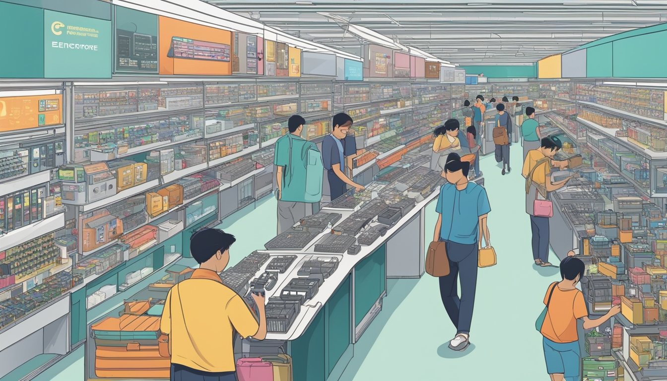 A bustling electronics market in Singapore, with rows of shops displaying a wide variety of electronic components and equipment. Customers browse through the aisles, examining the latest gadgets and technology