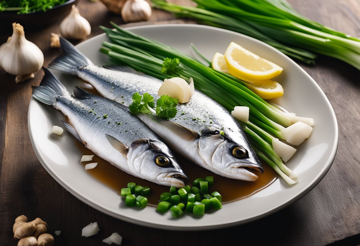 Fresh king fish, ginger, garlic, soy sauce, and green onions on a cutting board. Bowl of cornstarch and water for thickening. Ingredients for potential substitutions nearby