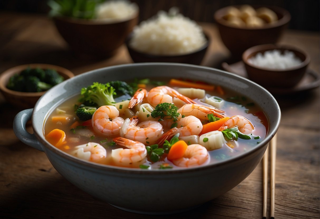 A steaming pot of clear seafood soup, filled with shrimp, fish, and colorful vegetables, sits on a rustic wooden table. A pair of chopsticks rests on the side, ready to be used