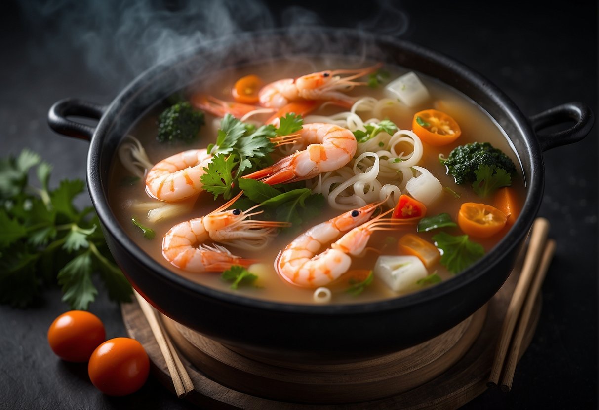 A steaming pot of clear Chinese seafood soup, filled with shrimp, fish, and vegetables, surrounded by traditional Chinese herbs and spices