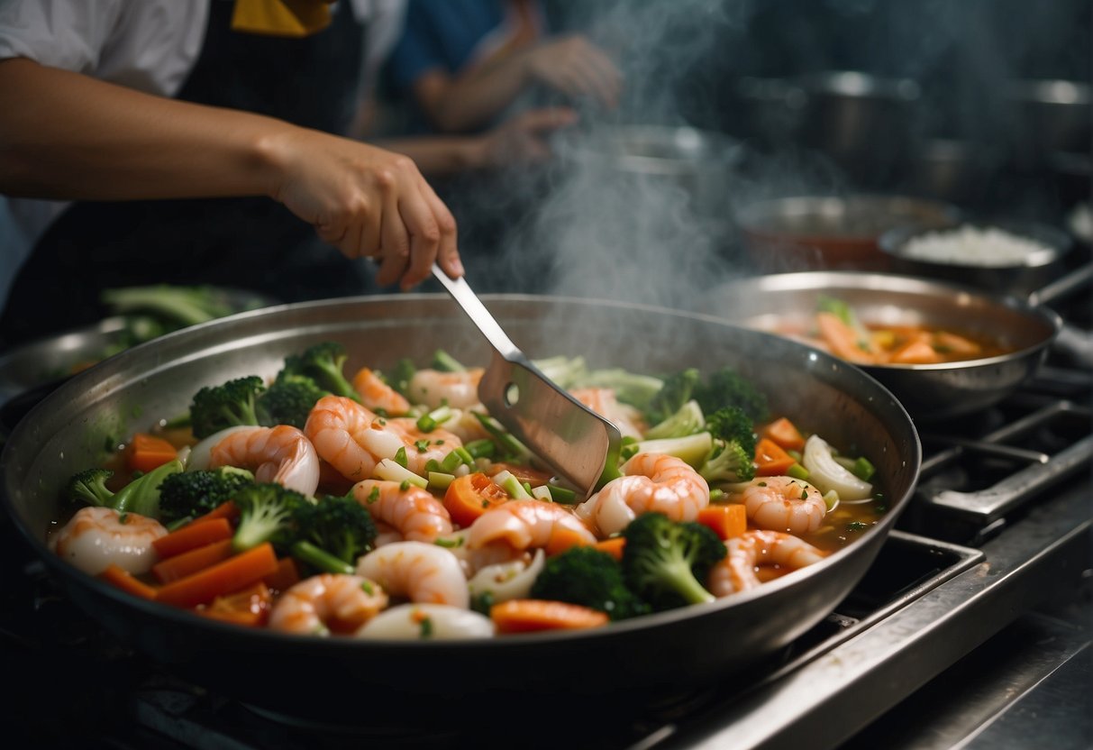 Fresh seafood and vegetables are being chopped and prepared in a bustling Chinese kitchen, as a clear broth simmers on the stove