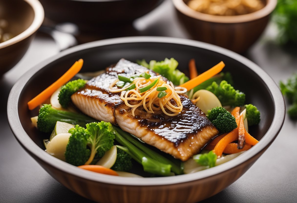 The chef marinates king fish in soy sauce and ginger, then stir-fries with vegetables and spices