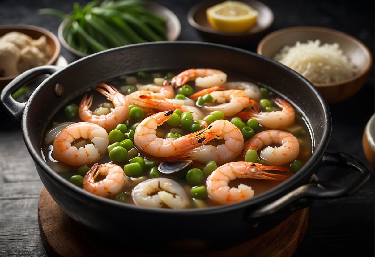 Various fresh seafood, including shrimp, fish, and squid, are being added to a simmering broth along with ginger, garlic, and green onions