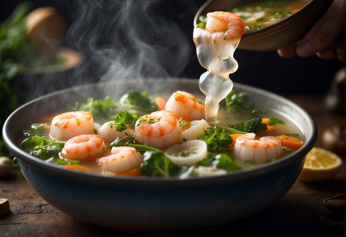 A steaming pot of clear seafood soup bubbles with shrimp, scallops, and delicate vegetables, releasing a tantalizing aroma of ginger and garlic