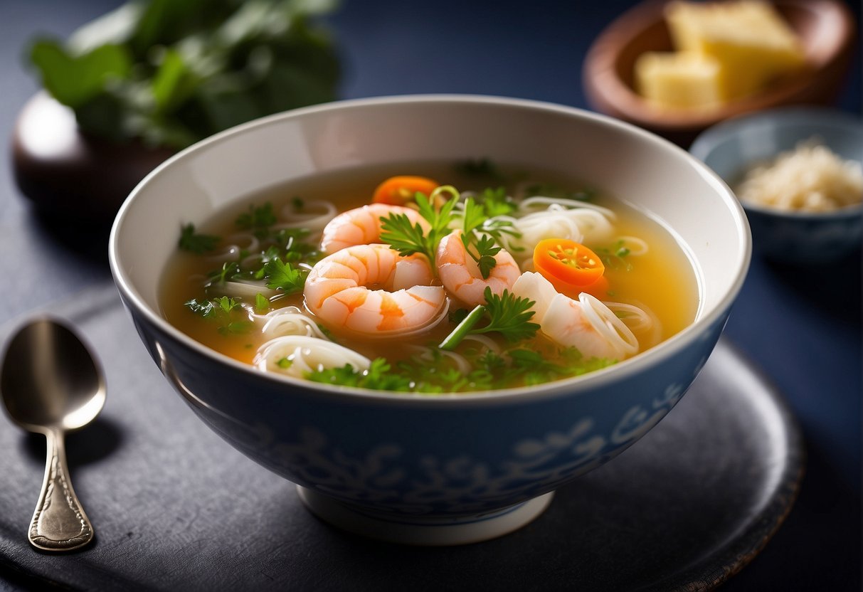 A steaming bowl of clear seafood soup is elegantly presented with vibrant colors and delicate garnishes