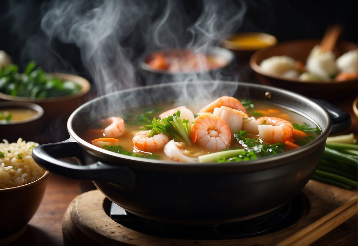 A steaming pot of clear seafood soup sits on a stove, surrounded by traditional Chinese ingredients like fish, shrimp, and green onions