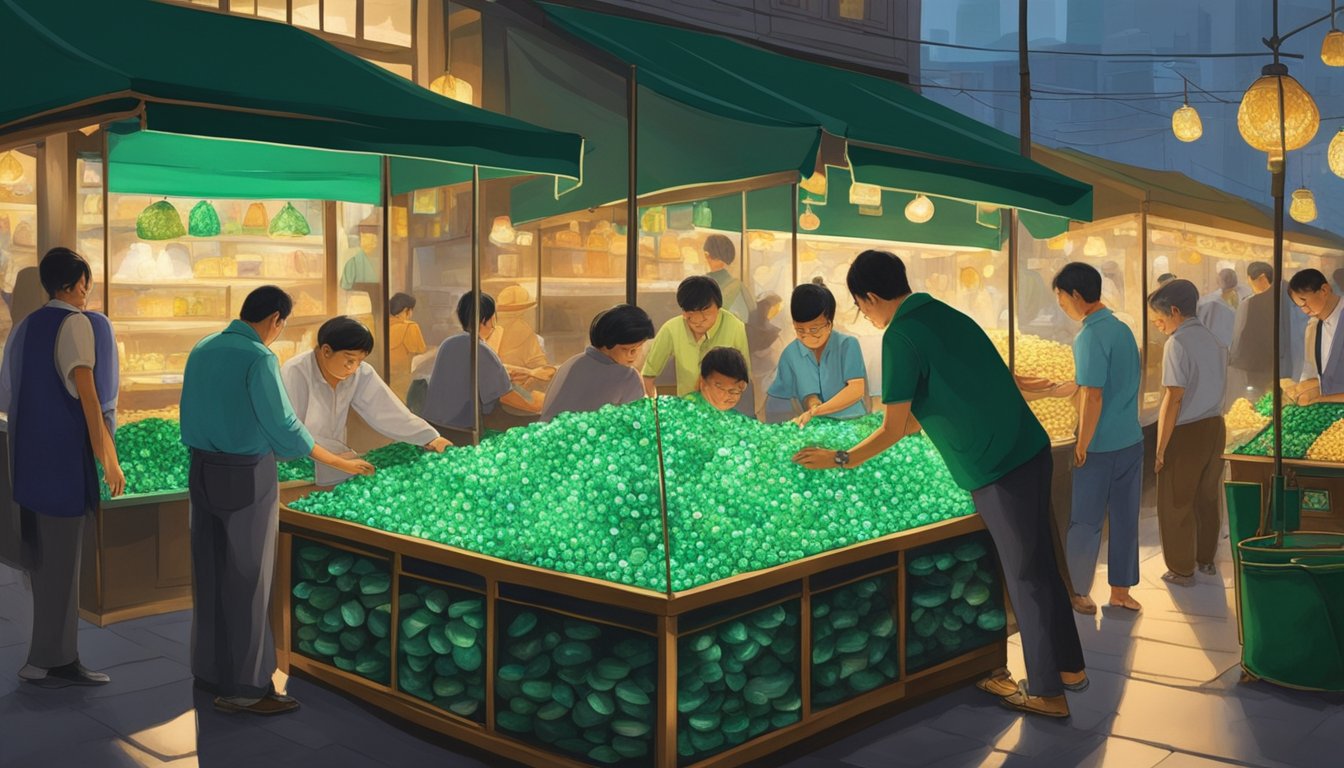 A bustling Singaporean market stall sells vibrant emeralds, gleaming under the bright lights. Customers admire the precious stones, while the vendor carefully arranges them on velvet cushions