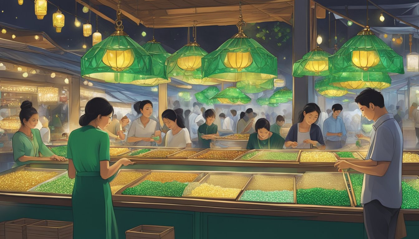 A bustling Singapore market stall displays emerald jewelry. Shoppers examine the vibrant gemstones under bright lights