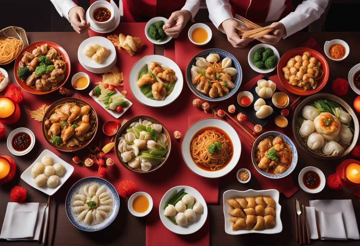 A table filled with traditional Chinese New Year dishes, including dumplings, fish, and noodles, surrounded by festive decorations and red lanterns