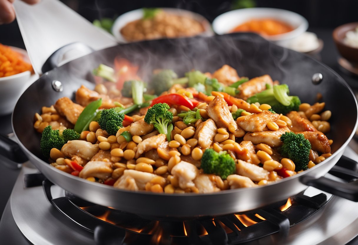 A wok sizzles with diced chicken, peanuts, and vegetables in a spicy sauce. A chef adds soy sauce and chili peppers