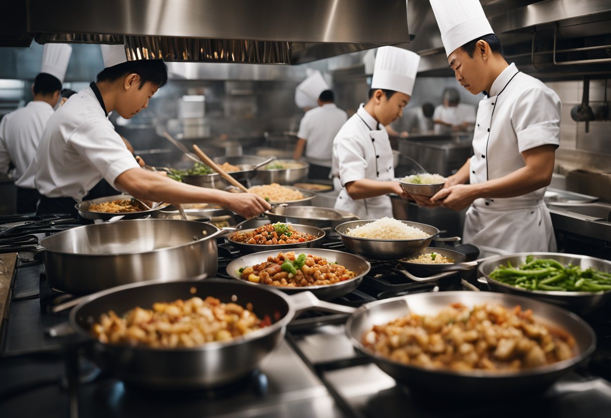 A bustling Chinese kitchen, with sizzling woks, fresh ingredients, and a chef expertly tossing together the iconic kung pao chicken dish