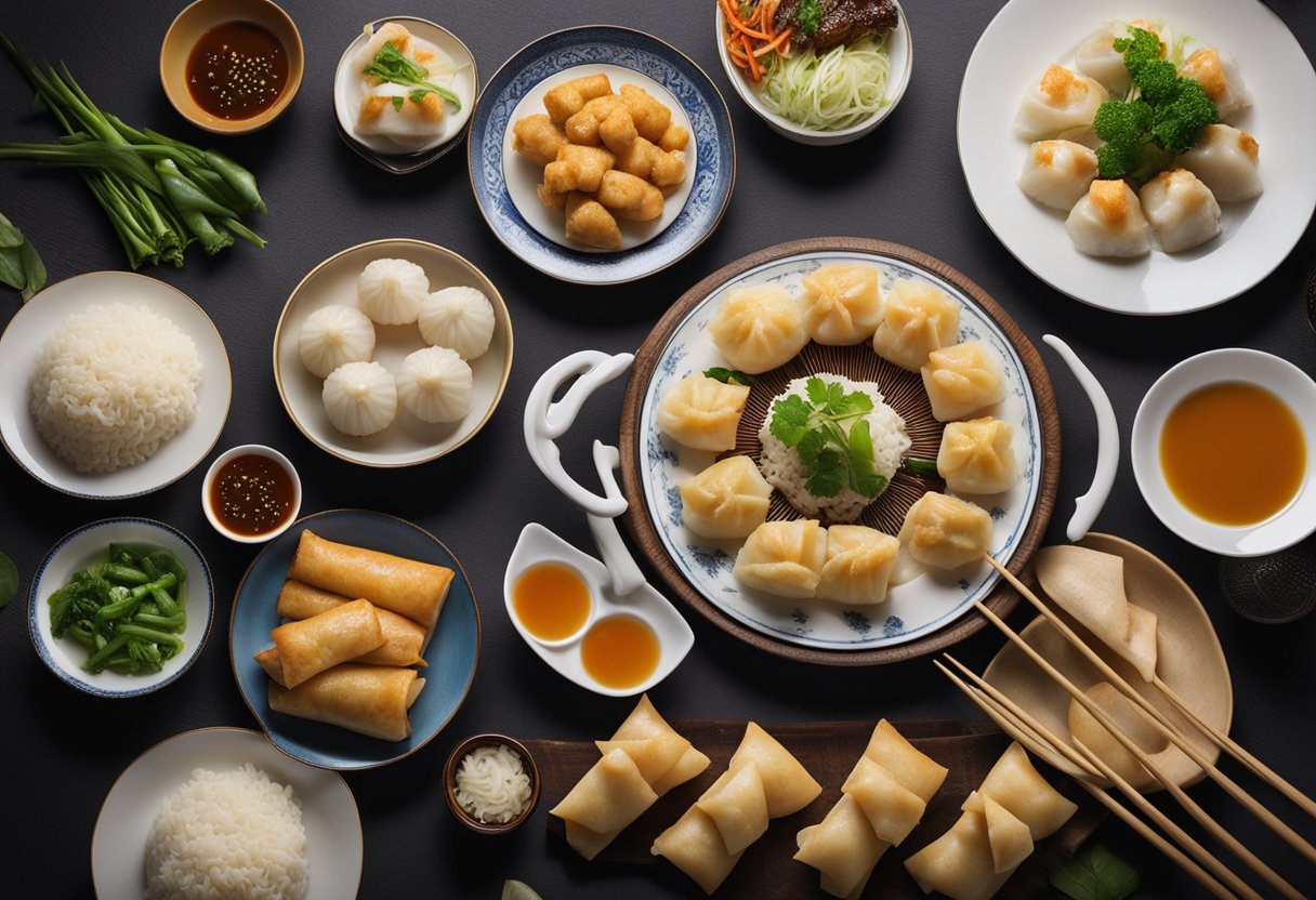 A table set with steamed fish, dumplings, spring rolls, and rice cakes for Chinese New Year