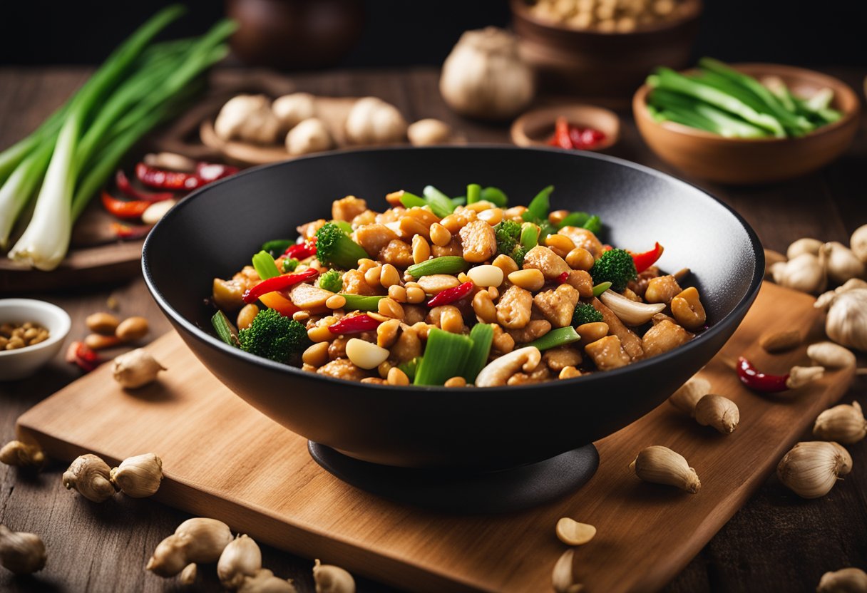 A wok sizzles with diced chicken, peanuts, and dried chili peppers in a savory kung pao sauce, surrounded by fresh ginger, garlic, and green onions