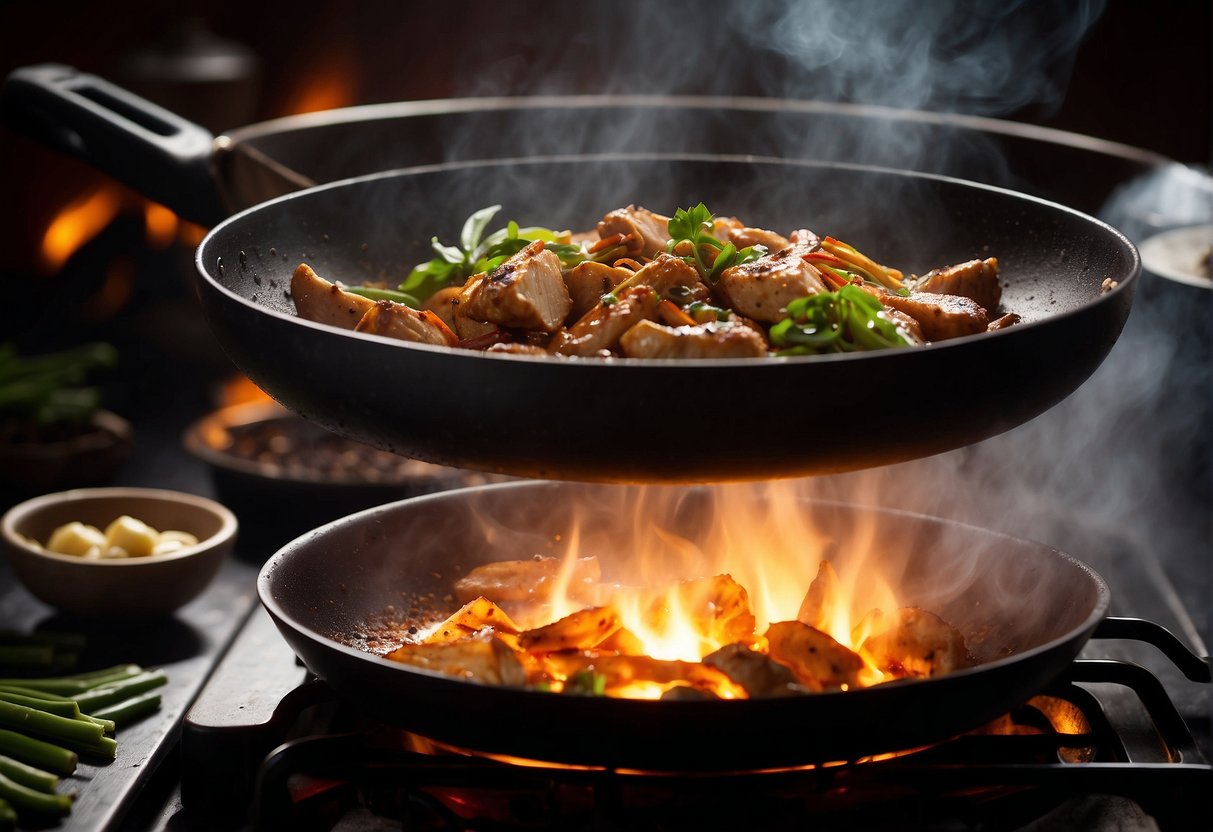A wok sizzles with marinated chicken, coffee, soy sauce, and spices. Steam rises as the rich aroma fills the air