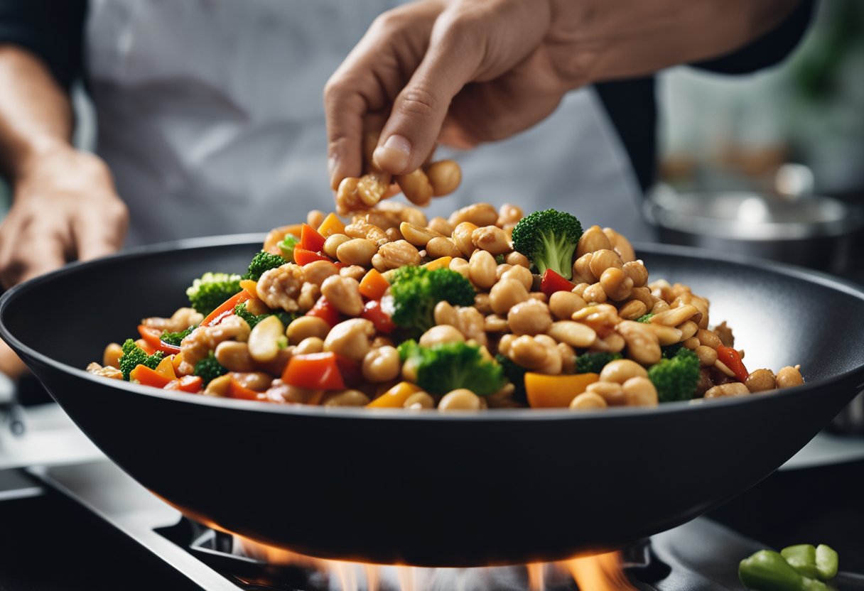 A chef tosses diced chicken, peanuts, and vegetables in a wok with a spicy kung pao sauce