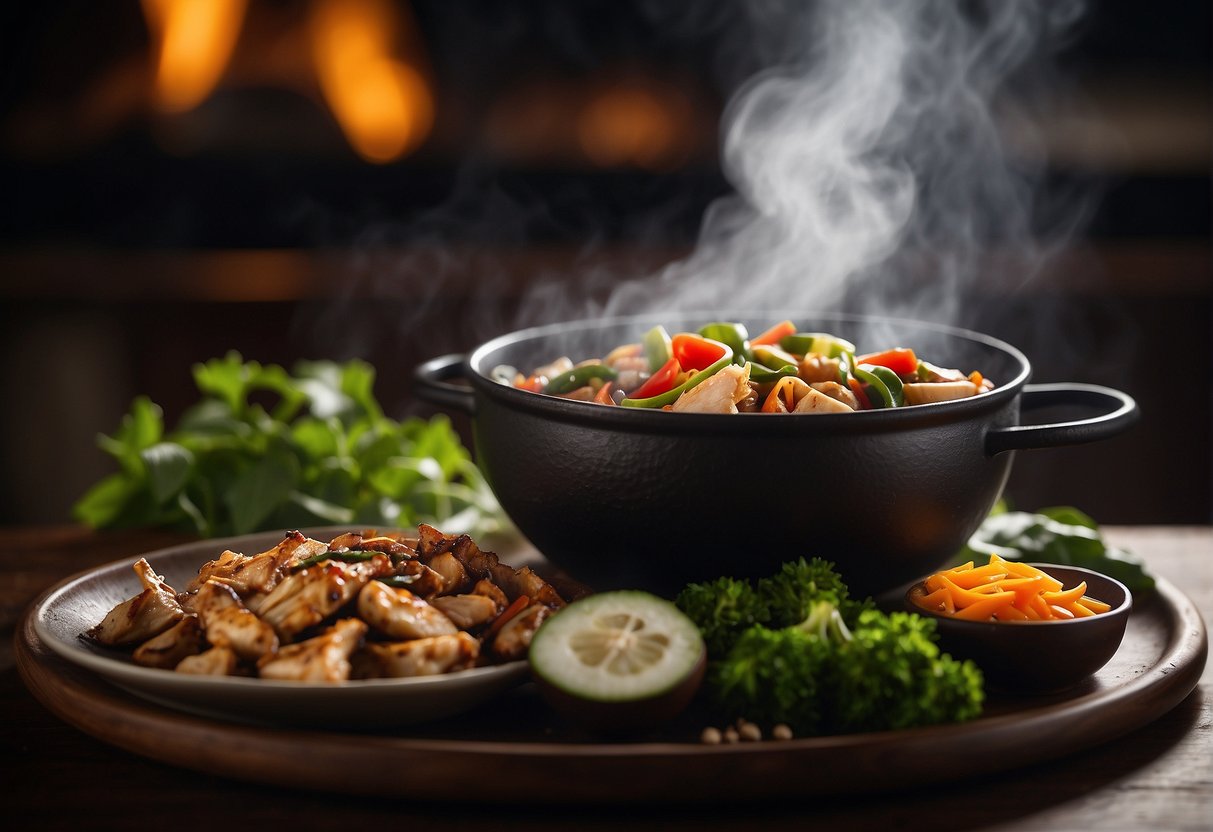 A steaming cup of coffee sits next to a sizzling skillet of chicken stir-fry, surrounded by aromatic spices and herbs