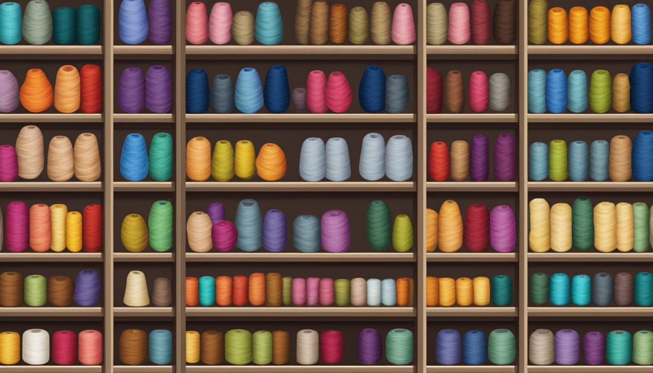 A variety of colorful yarn spools arranged on a shelf, with labels indicating different materials and weights. Light from a nearby window highlights the texture and sheen of the yarn