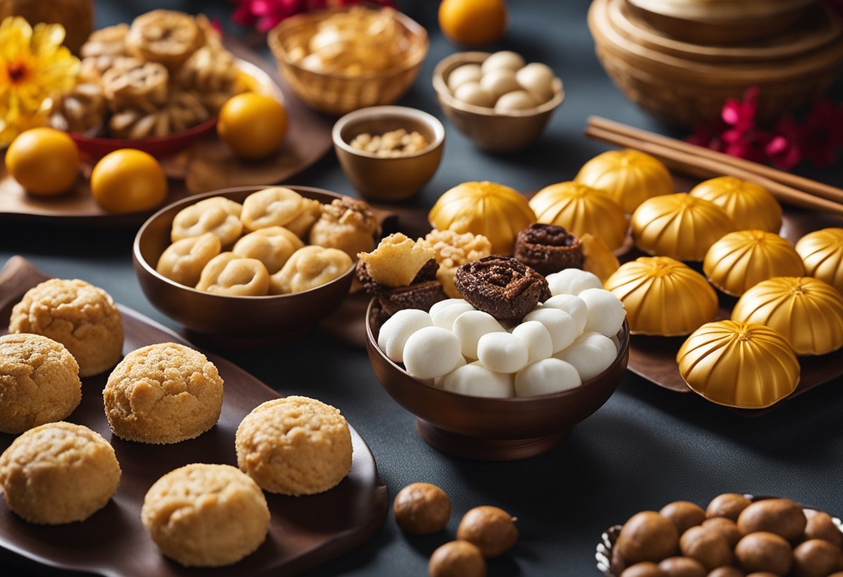 A spread of traditional New Year sweets and baking utensils, including a kuali, ready for Chinese New Year recipes