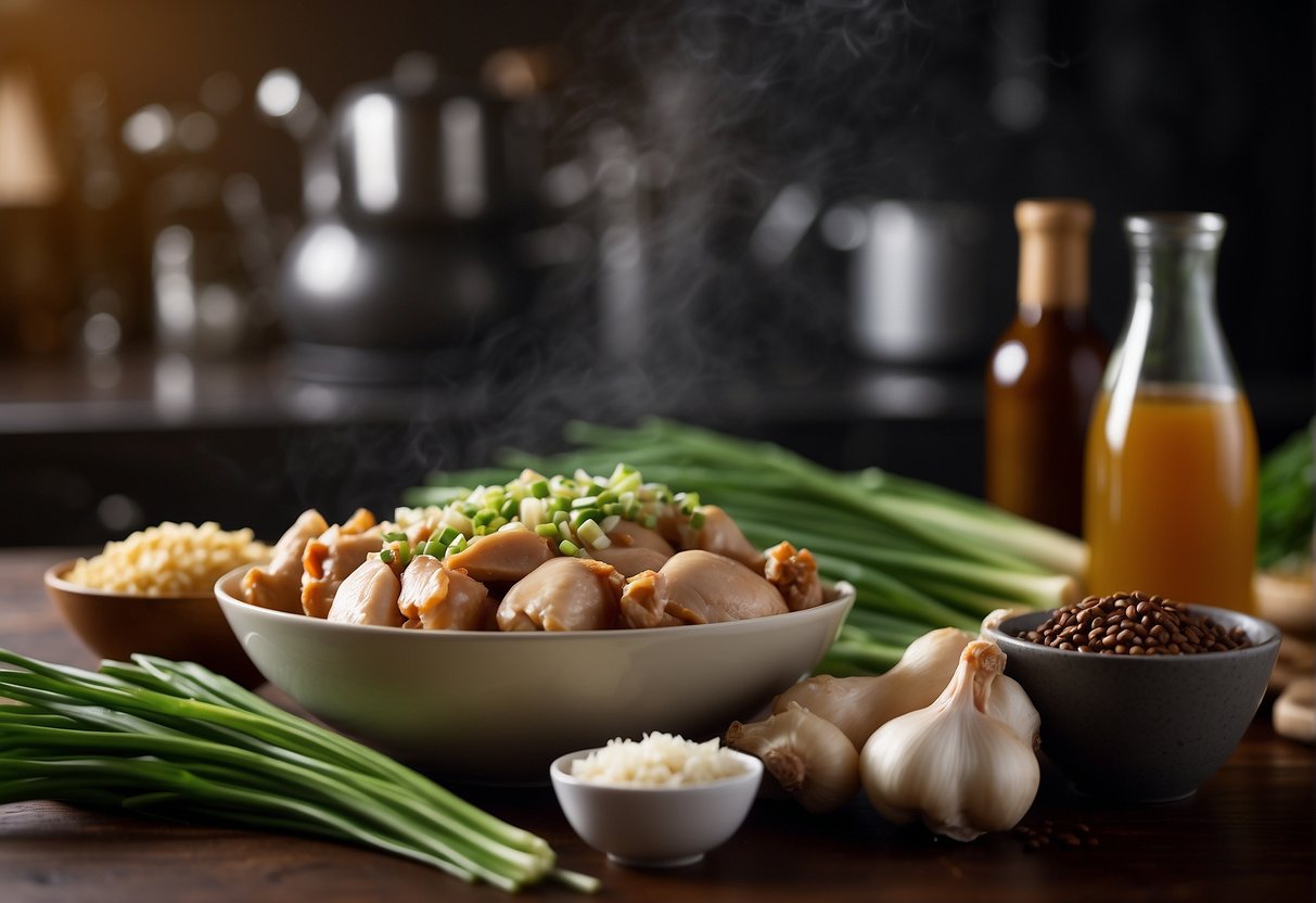A table with ingredients: chicken, soy sauce, coffee, sugar, garlic, ginger, and green onions. A mixing bowl with a marinade being prepared