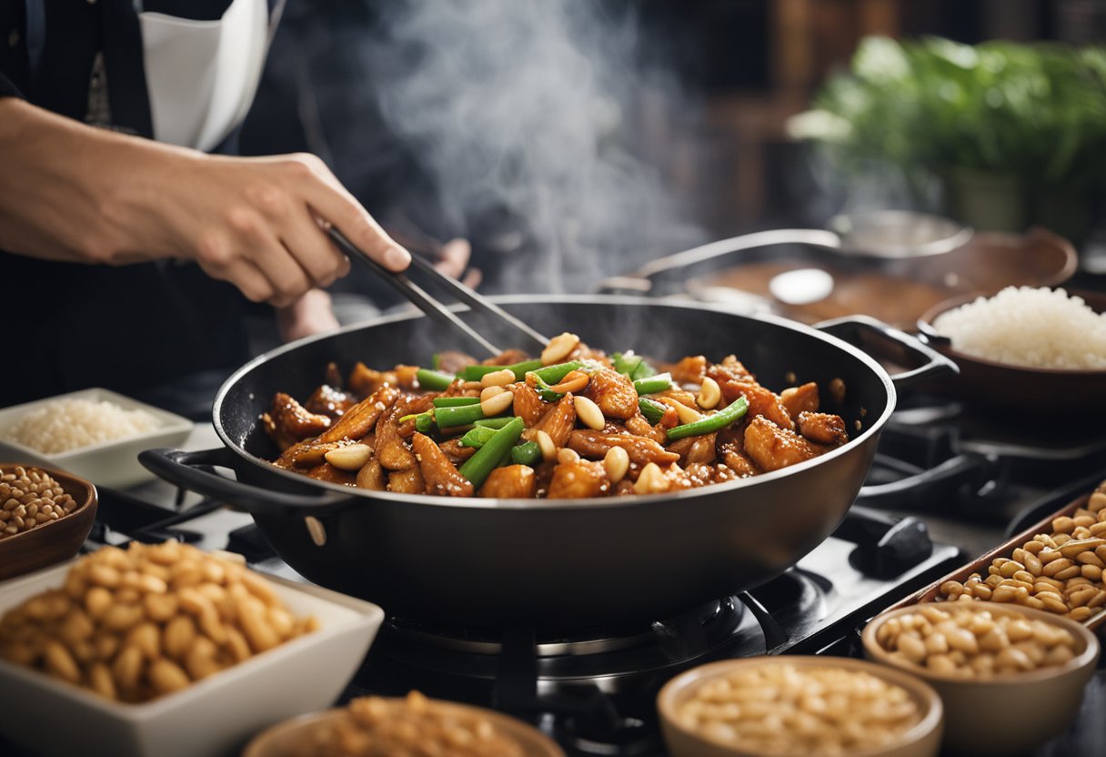 A wok sizzles as kung pao chicken simmers in a savory sauce. A chef adds peanuts and scallions, then serves the dish on a bed of steamed rice
