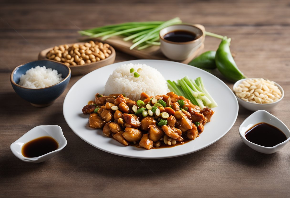 A plate of kung pao chicken with a side of steamed rice, garnished with peanuts and green onions, with a small dish of soy sauce on the side