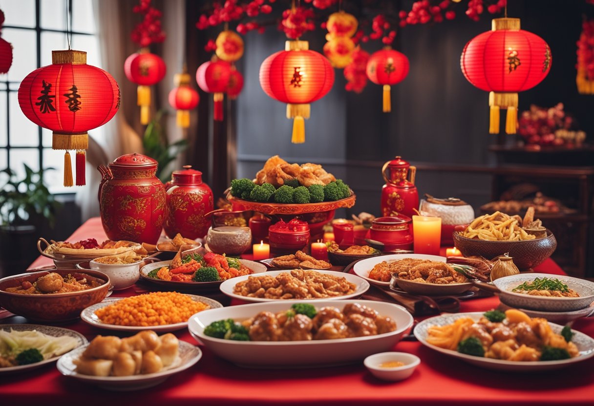 A table set with colorful and elaborate Chinese New Year main courses, surrounded by festive decorations and red lanterns