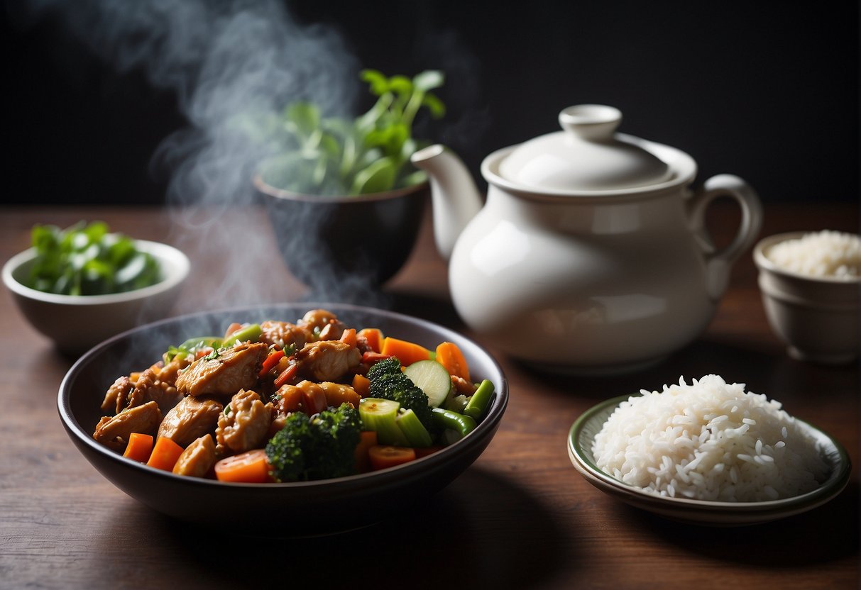 A steaming plate of Chinese coffee chicken next to a pot of jasmine rice and a bowl of stir-fried vegetables