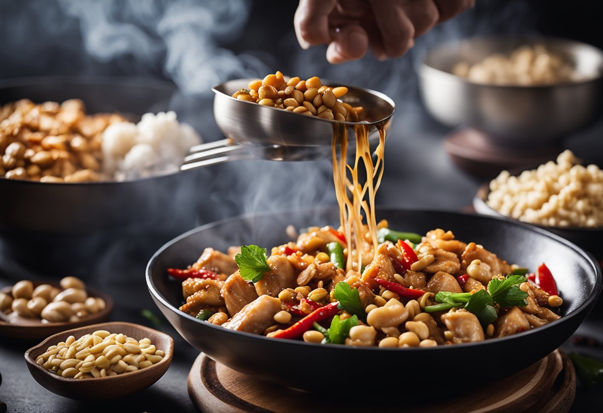 A sizzling wok tosses diced chicken, peanuts, and chili peppers in a savory sauce, surrounded by bowls of ginger, garlic, and soy sauce