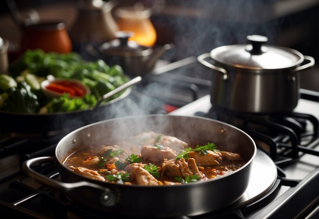 A steaming pot of Chinese coffee chicken simmers on a stove, surrounded by aromatic spices and herbs. A platter of fresh vegetables awaits to be added to the flavorful dish