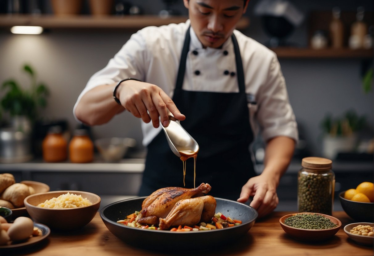 A chef pours Chinese coffee marinade over a plump chicken, surrounded by various ingredients and a shopping guide
