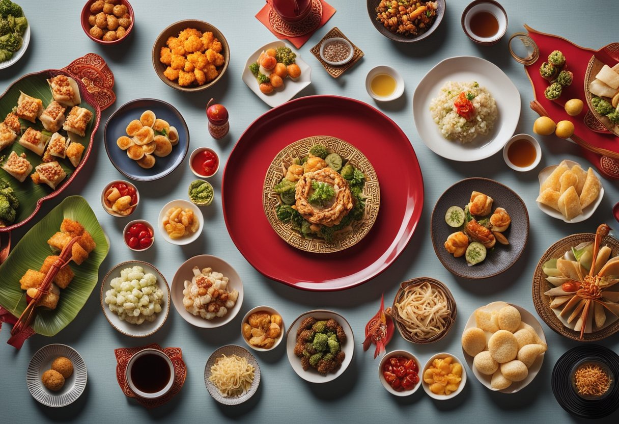 A table adorned with colorful and vibrant Chinese New Year appetizers and side dishes, showcasing a variety of textures and flavors