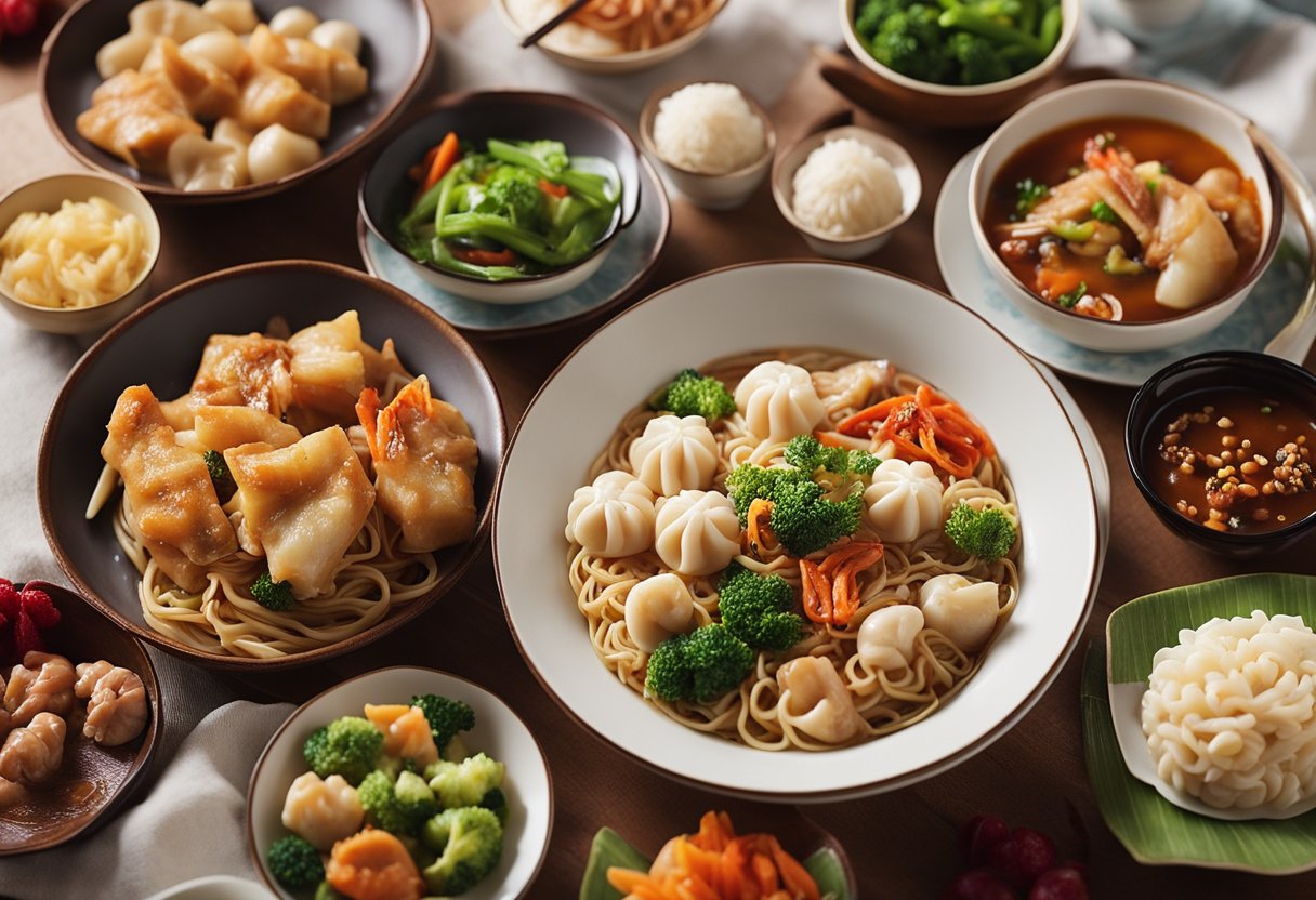 A table set with various Chinese New Year leftovers, arranged in an artful and appetizing display. Bowls of noodles, plates of dumplings, and colorful dishes of vegetables and meats create an inviting scene
