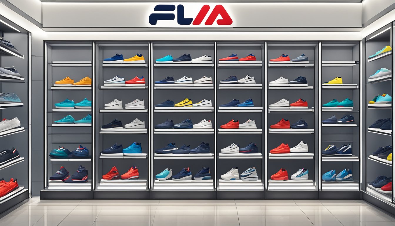 Fila shoes displayed on shelves in a modern, well-lit retail store in Singapore, with the brand's logo prominently featured