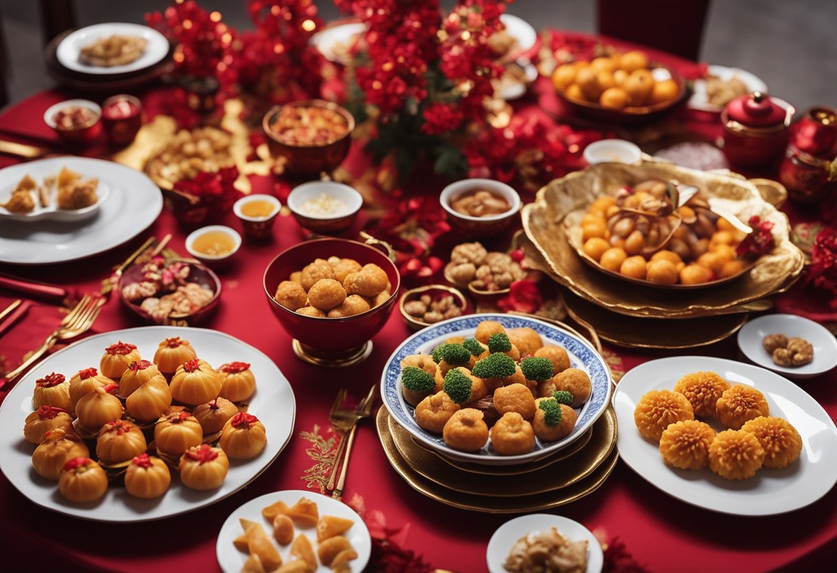 A festive table set with traditional Chinese New Year dishes, surrounded by red and gold decorations