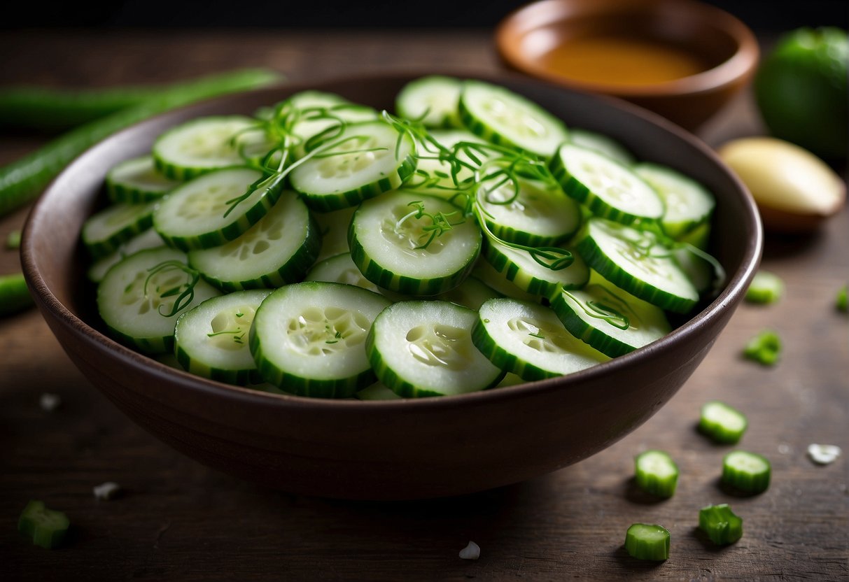 A bowl of sliced cucumbers mixed with garlic, soy sauce, and vinegar. Green onions sprinkled on top