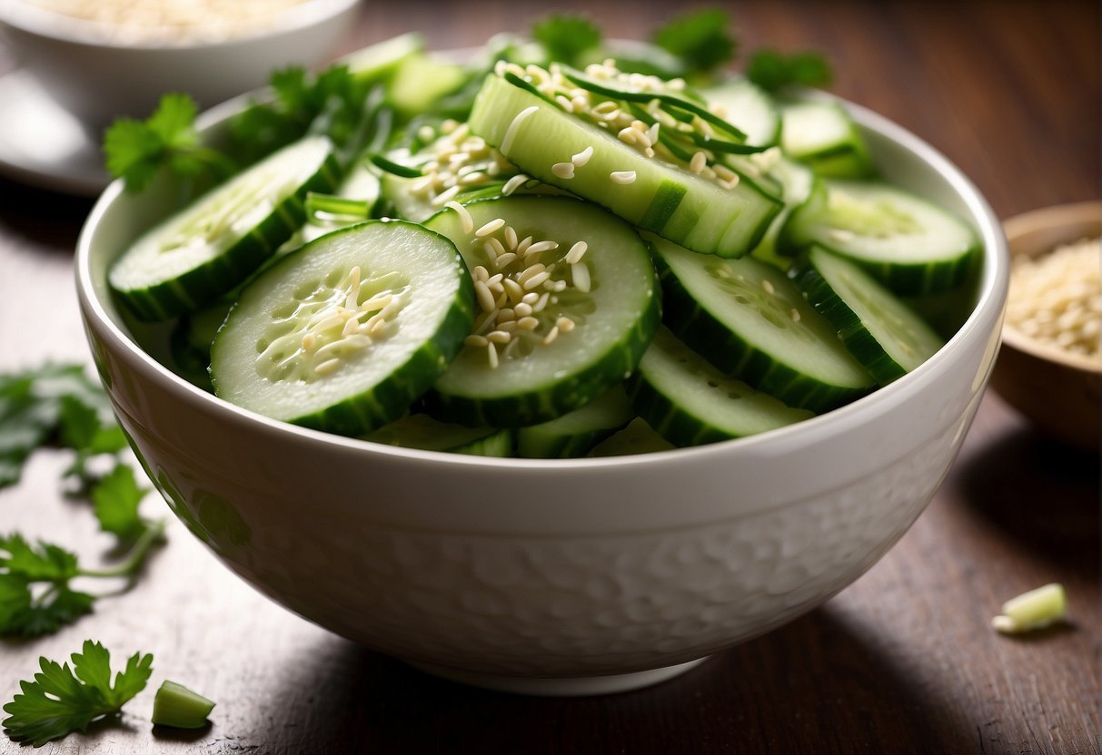 A bowl of sliced cucumbers mixed with garlic, vinegar, and soy sauce, garnished with sesame seeds and green onions