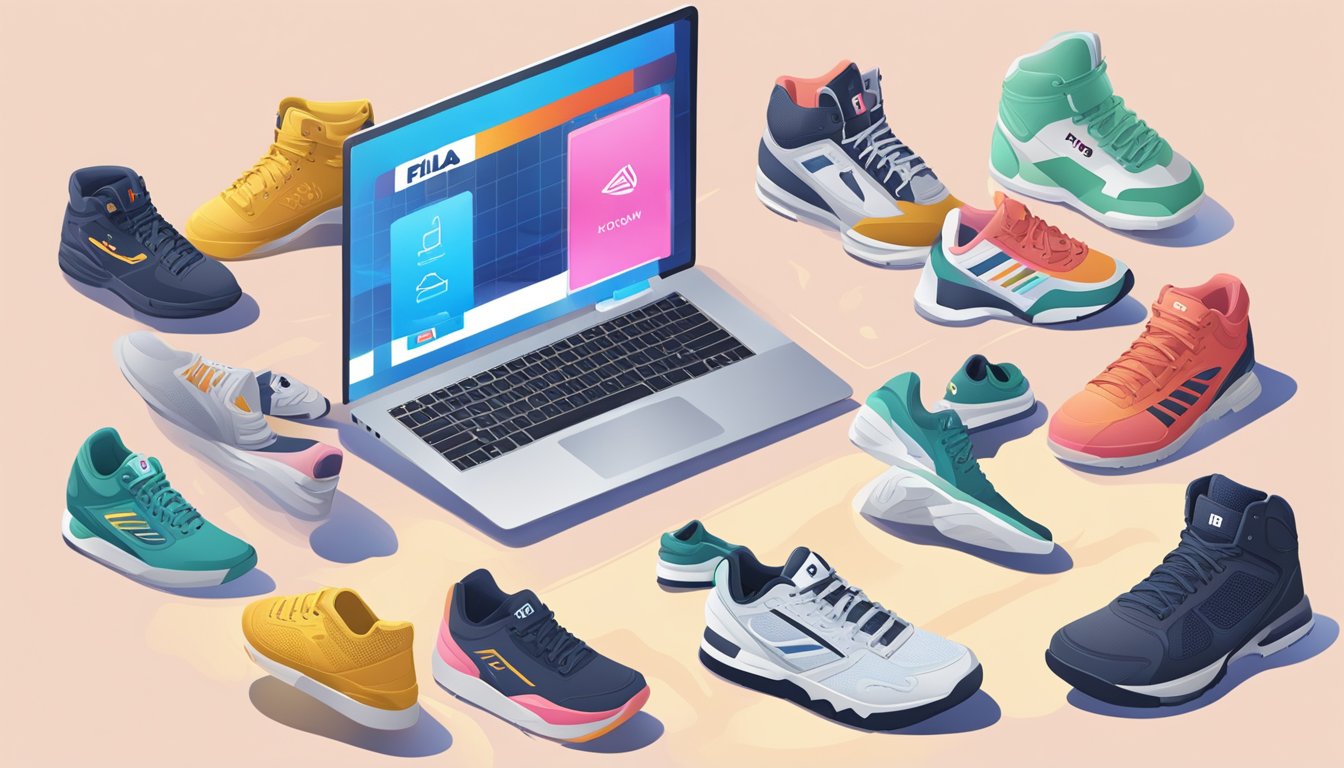 A laptop displaying an online store with Fila shoes, surrounded by various shoe options and a "buy now" button