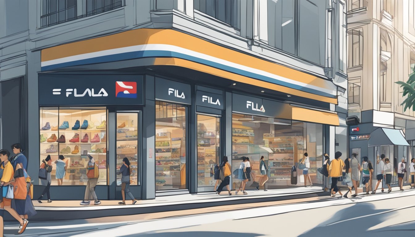 A busy street in Singapore, with a prominent shoe store displaying Fila shoes in the storefront window. Pedestrians pass by, some stopping to peer inside
