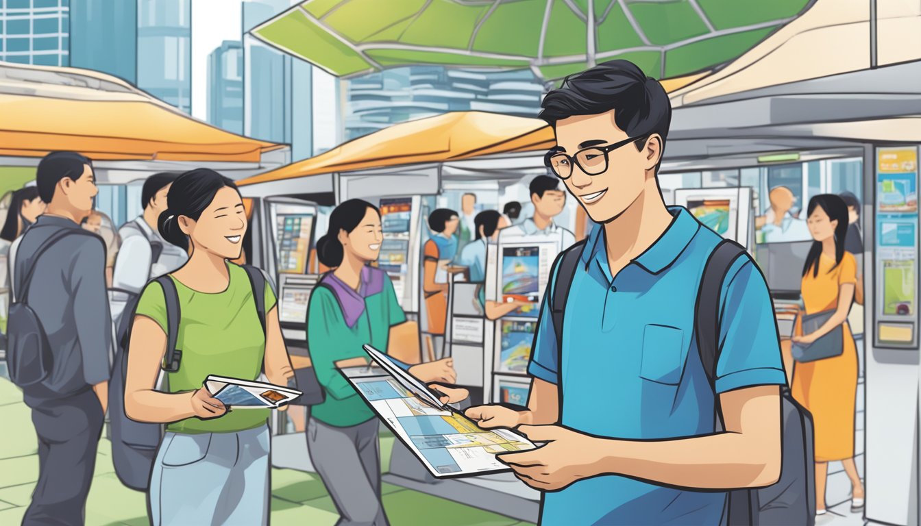 A customer at a kiosk in Singapore buying a data sim card with a stack of brochures and a map of the city in the background