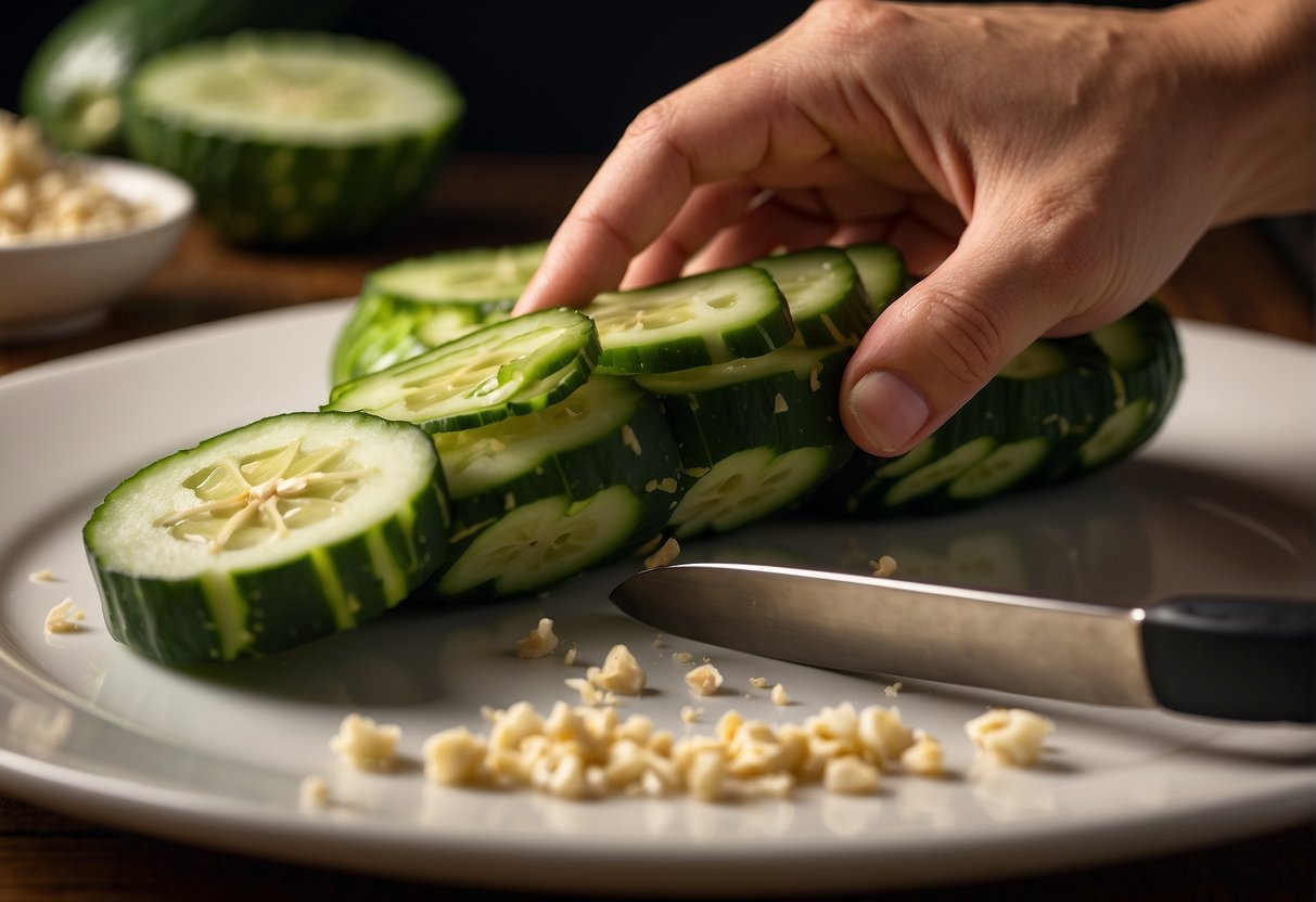 A cucumber being sliced and salted, then mixed with garlic and vinegar