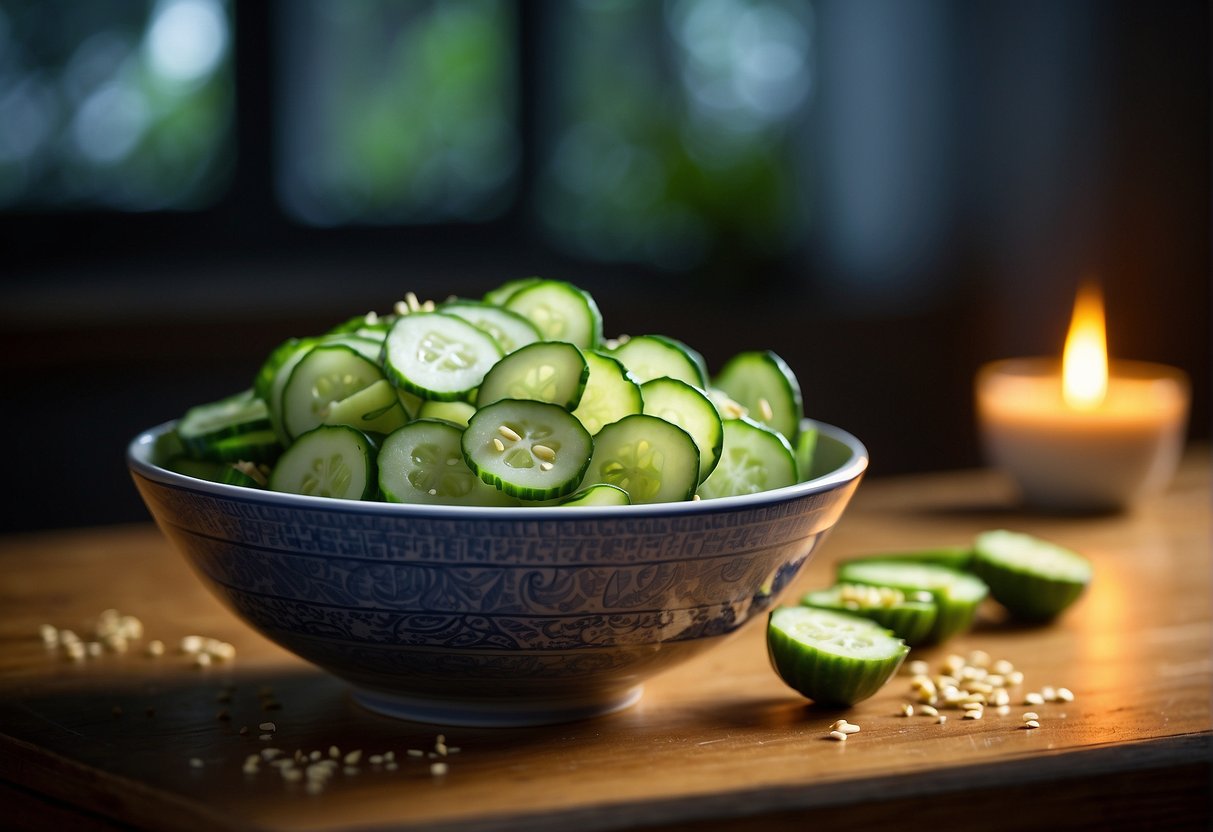 A bowl of sliced cucumbers in a light, tangy dressing, garnished with sesame seeds and green onions