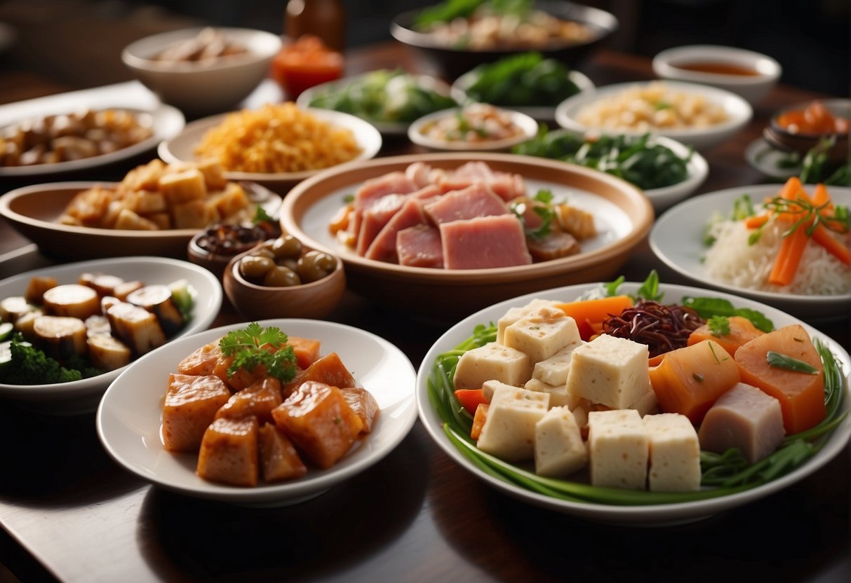 A table adorned with various Chinese cold dishes, including marinated vegetables, tofu, and sliced meats, arranged in an elegant and appetizing display