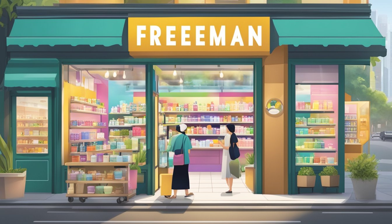 A colorful storefront with "Freeman Masks" signage in a bustling Singapore shopping district. Shelves display a variety of facial masks and skincare products