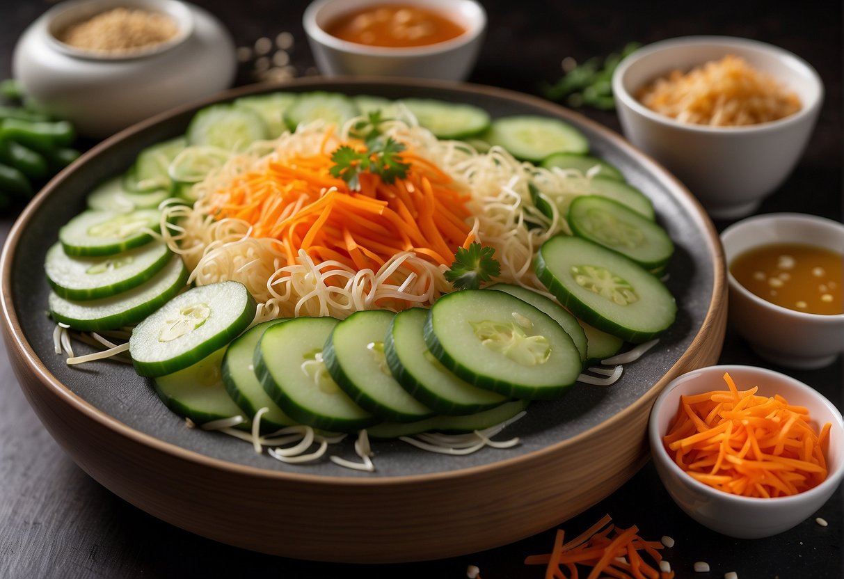 A table with various Chinese cold dish ingredients: sliced cucumbers, tofu, shredded carrots, bean sprouts, and sesame dressing