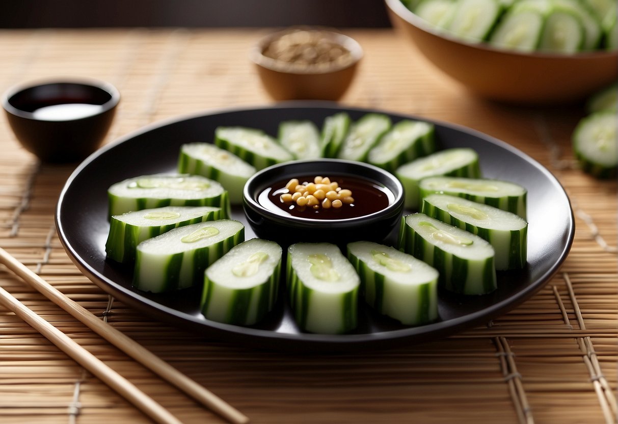 A plate of sliced Chinese cold cucumbers sits next to a small dish of soy sauce and a pair of chopsticks on a bamboo placemat