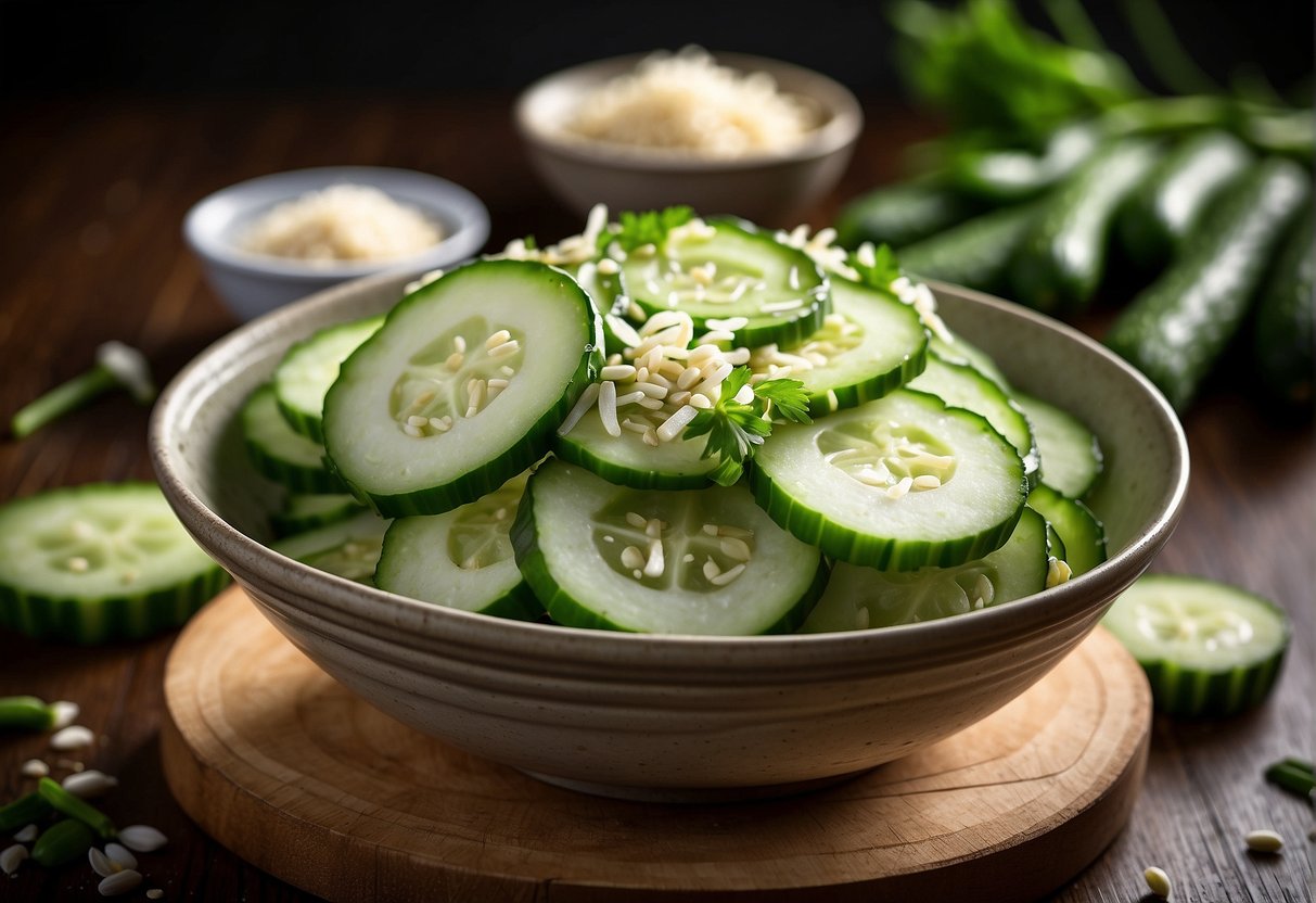 A bowl of sliced cucumbers with soy sauce, vinegar, and sesame oil, topped with chopped garlic and green onions. Nutritional information listed nearby