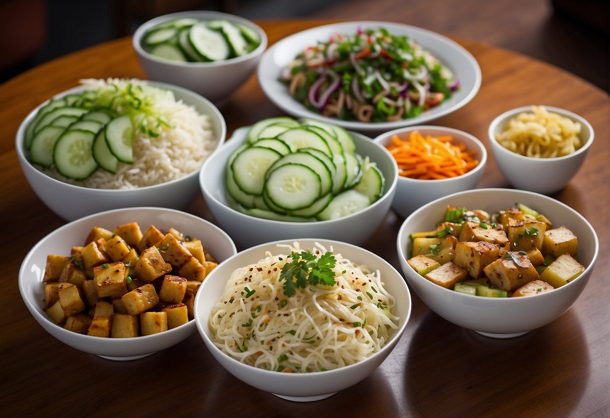 A table set with various popular Chinese cold dishes, including sliced cucumber salad, marinated tofu, and spicy shredded potatoes