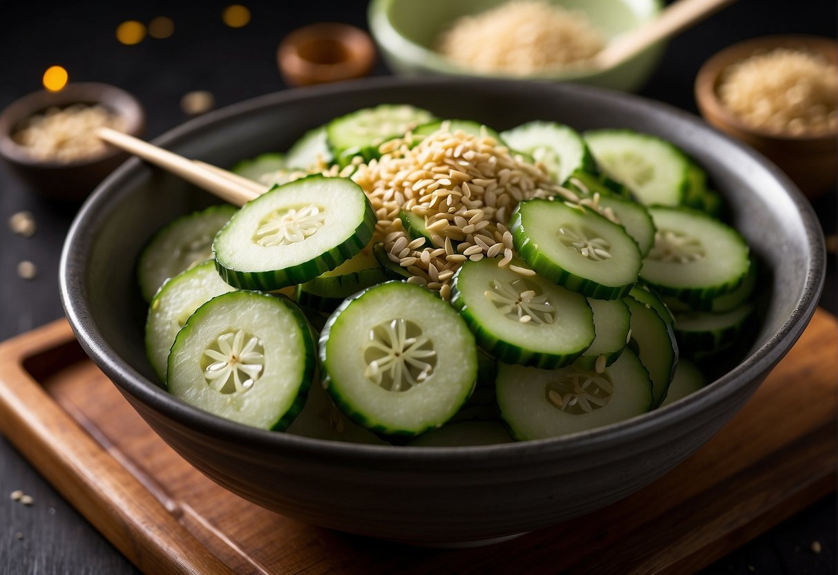 A bowl of sliced cold cucumbers with garlic, vinegar, and sesame oil, surrounded by chopsticks and a recipe card
